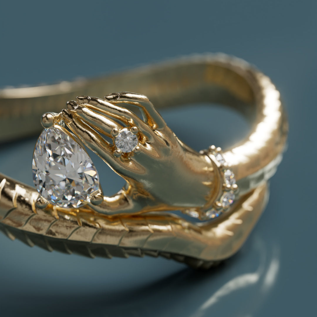 Anillo único surrealista trompe-l'œil de serpiente Mano de Medusa con diamante de laboratorio dorado