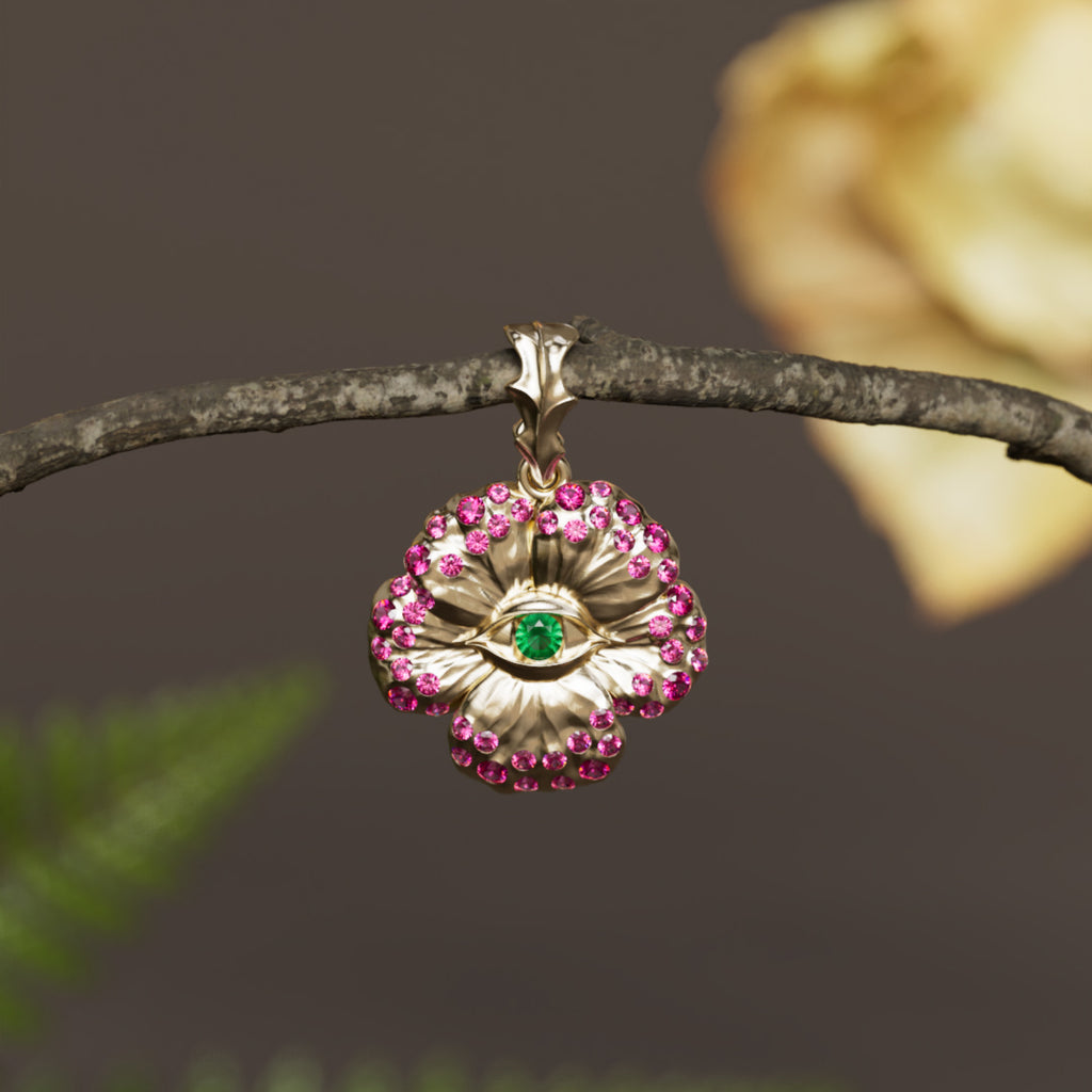 Mini Looking Glass Flower Pendant Unique Nature Necklace with Pink Sapphires and Emeralds By Valley Rose
