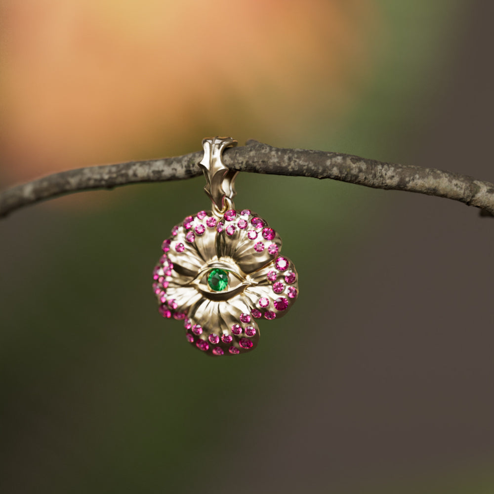 Mini Looking Glass Flower Pendant Unique Nature Necklace with Pink Sapphires and Emeralds By Valley Rose