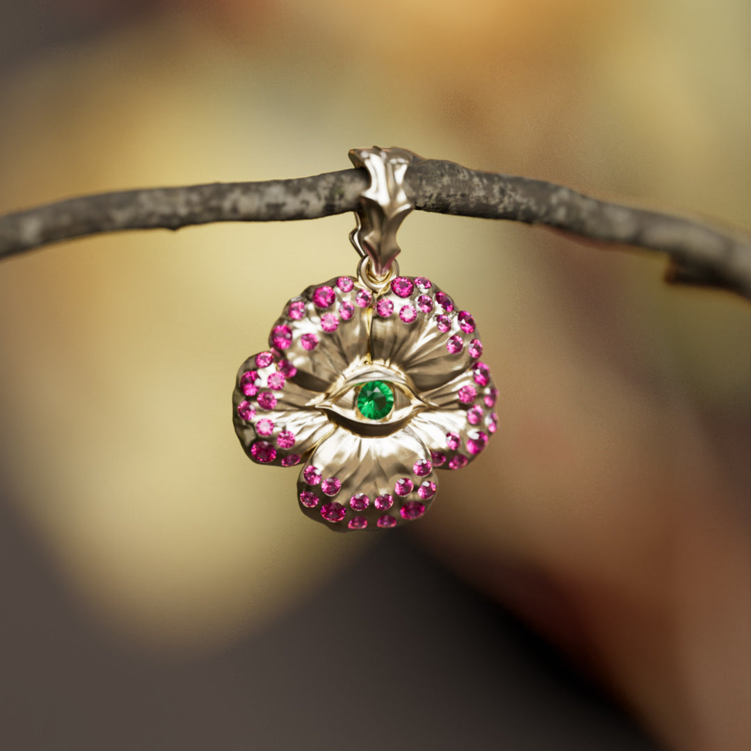 Mini Looking Glass Flower Pendant Unique Nature Necklace with Pink Sapphires and Emeralds By Valley Rose