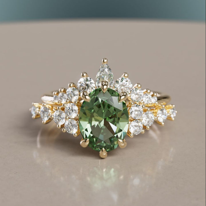Rhia Pear Diamond Crown Stacked Unique Wedding Ring