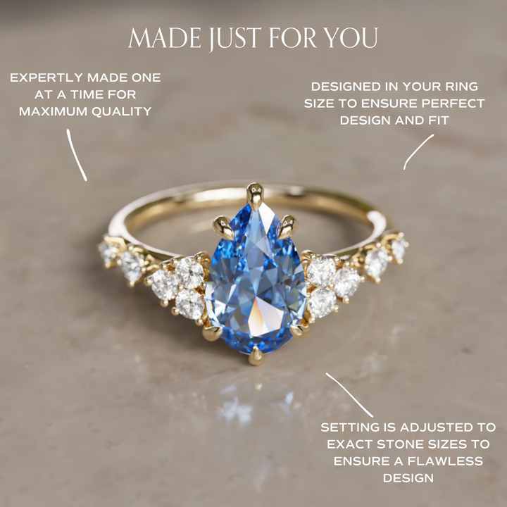 Bague de fiançailles unique Olivia Pear saphir bleu inspirée de la nature (monture seulement)