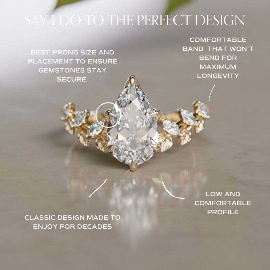 Bague de fiançailles poire à griffes Liora Nature Inspirée avec Diamant de synthèse et feuilles (monture seule)
