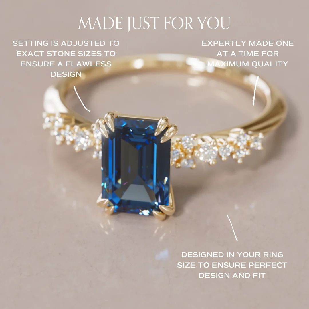 Anello di fidanzamento moderno unico con zaffiro blu taglio smeraldo Astrid (solo montatura)