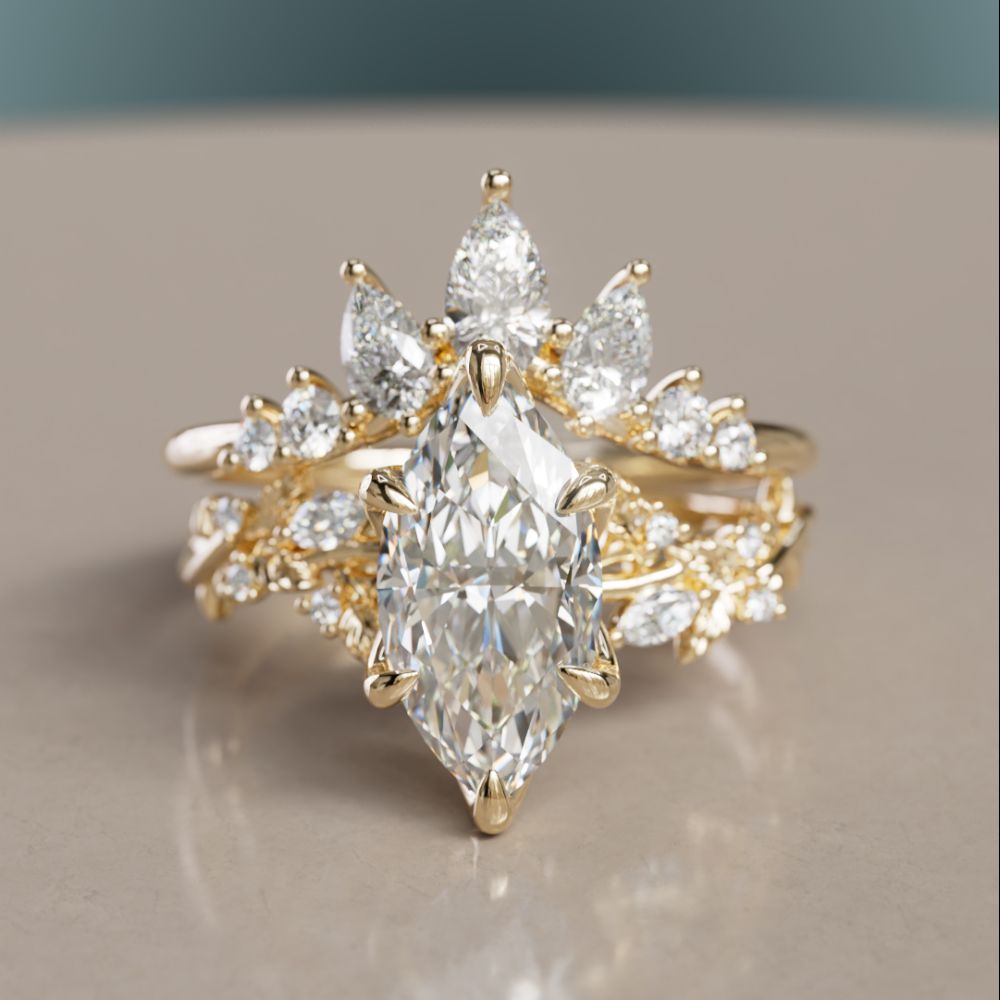 Astrea Pear Diamond Crown Stacked Diamond  Wedding Ring