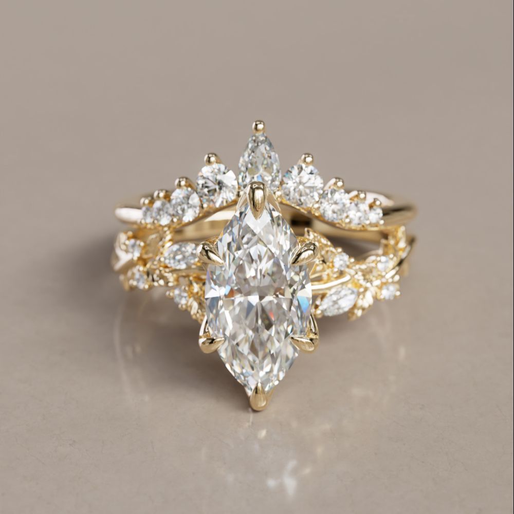 Rhia Pear Diamond Crown Stacked Unique Wedding Ring