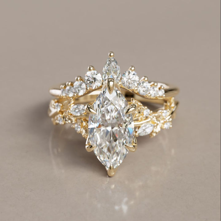 Rhia Pear Diamond Crown Stacked Unique Wedding Ring