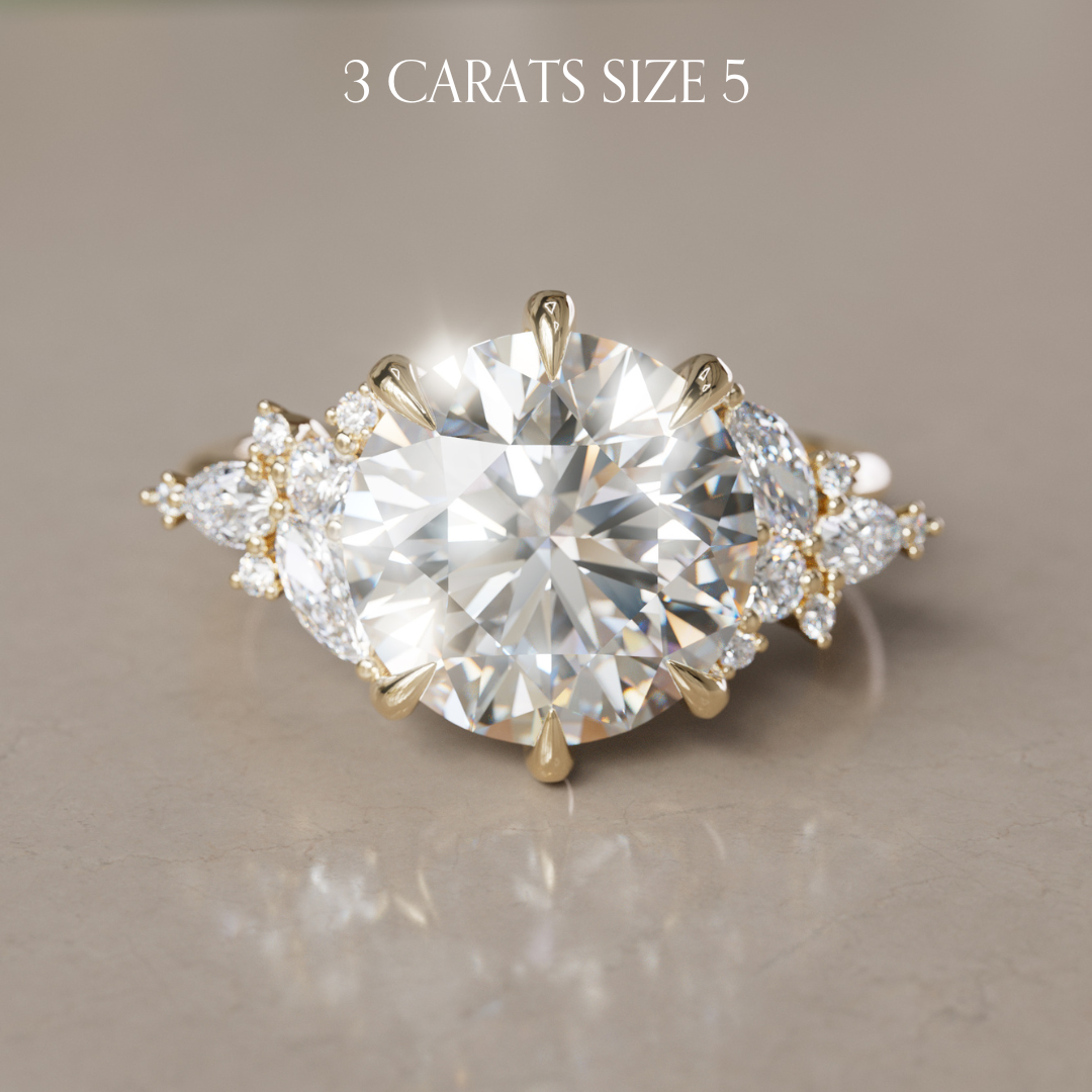 3ct Round Lab Diamond Engagement Flower Ring Nature Inspired in 14k Yellow Gold
