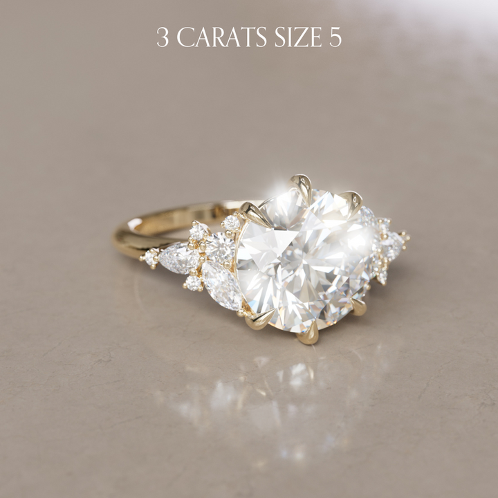 3ct Round Lab Diamond Engagement Flower Ring Nature Inspired in 14k Yellow Gold