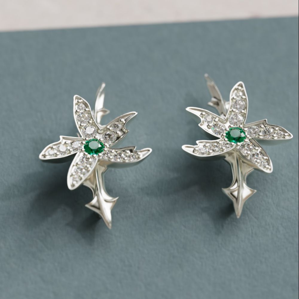 Star Jasmine Earrings with Lab Diamonds and Emerald