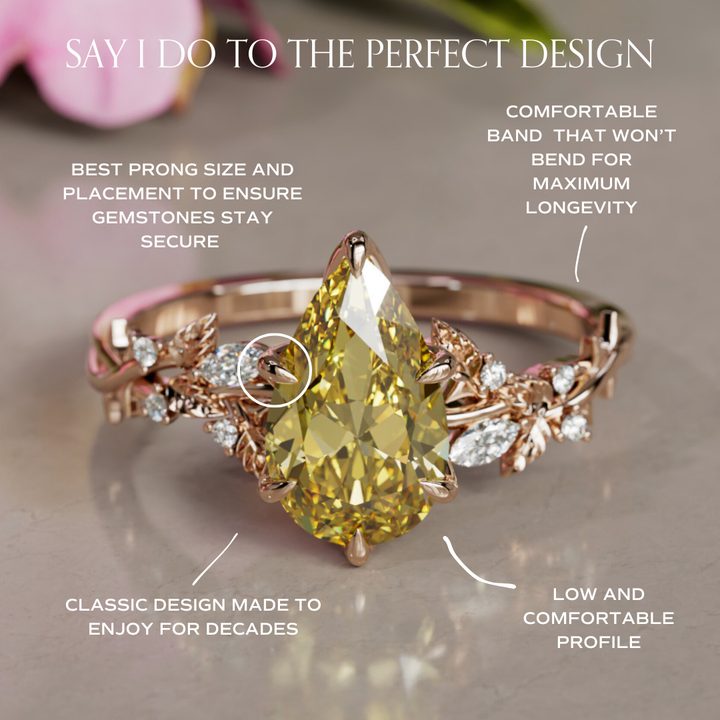 Rosewood Pear Yellow Lab Diamond Engagement Flower Ring Nature Inspired (Setting Only)