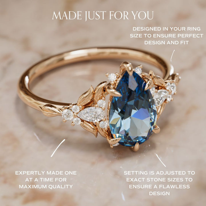 Sininen safiirisormus kihlasormukseksi: Siriwen päärynäleikkaus safiirikukkasormus luonnon inspiroima (vain sormuksen runko)