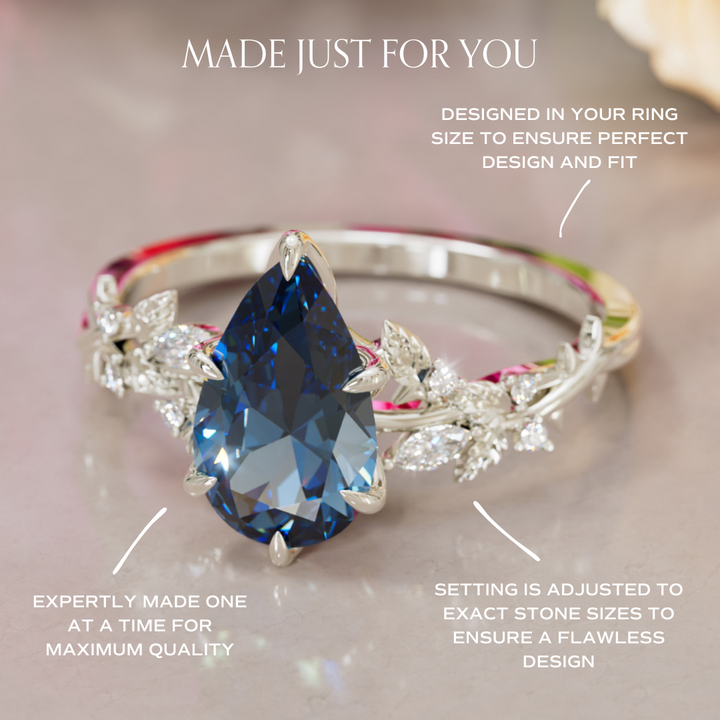 Rosewood Pear Blue Sapphire Engagement Flower Ring Nature Inspired By Valley Rose