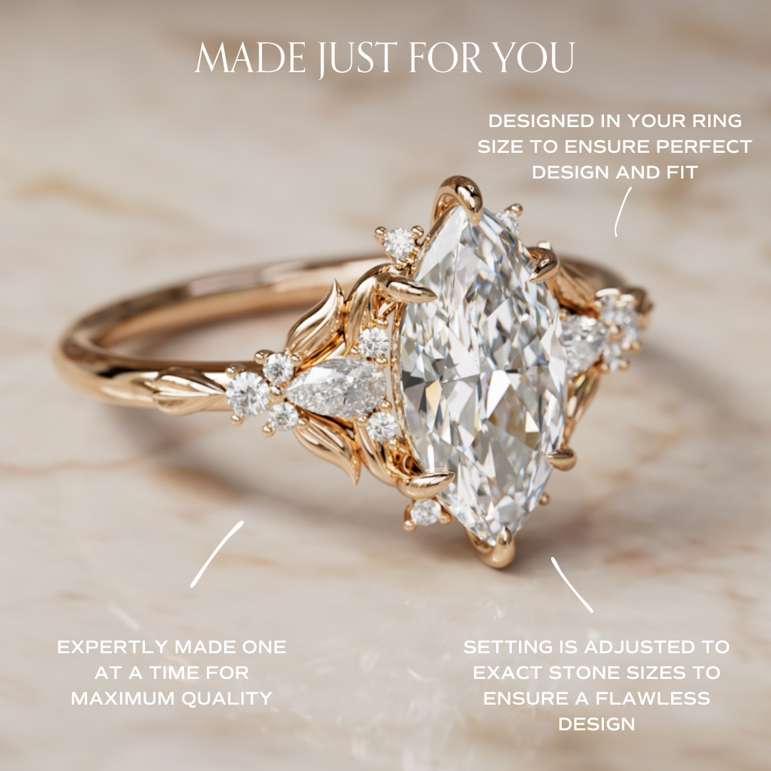 Siriwen Marquise Lab Diamond Fantasy Engagement Ring Nature Inspired with Leaves (Setting Only) By Valley Rose