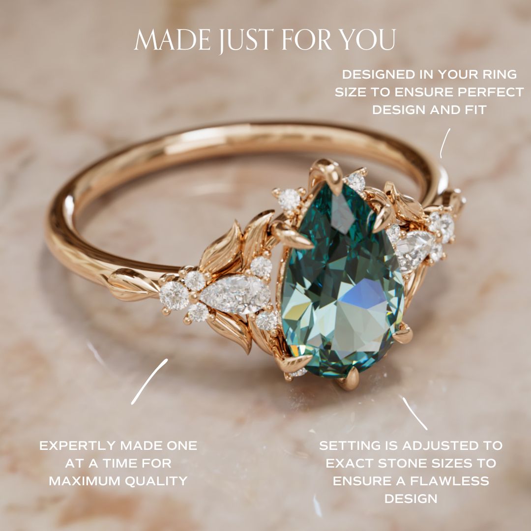 Anillo de compromiso zafiro azul verdoso: Anillo flor Siriwen con zafiro en corte pera inspirado en la naturaleza (Solo engaste)