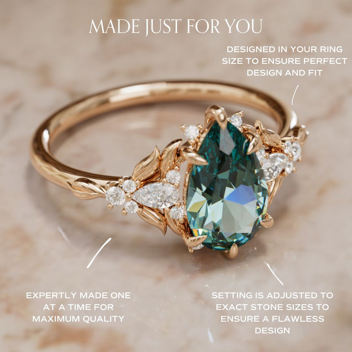 Anillo de compromiso zafiro azul verdoso: Anillo flor Siriwen con zafiro en corte pera inspirado en la naturaleza (Solo engaste)