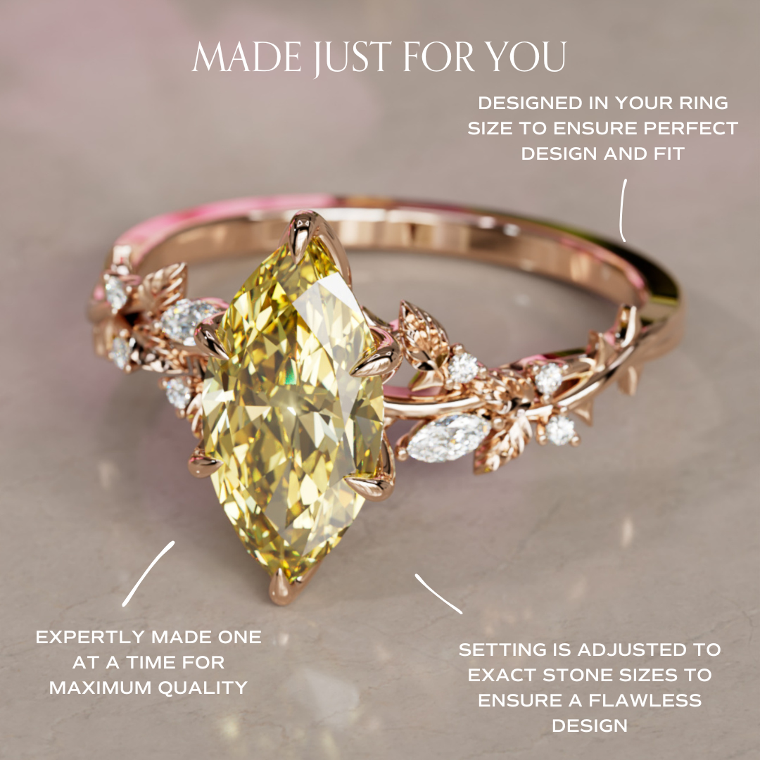 Bague de fiançailles fleur en diamant jaune lab Marquise en bois de rose inspirée par la nature (monture seulement)