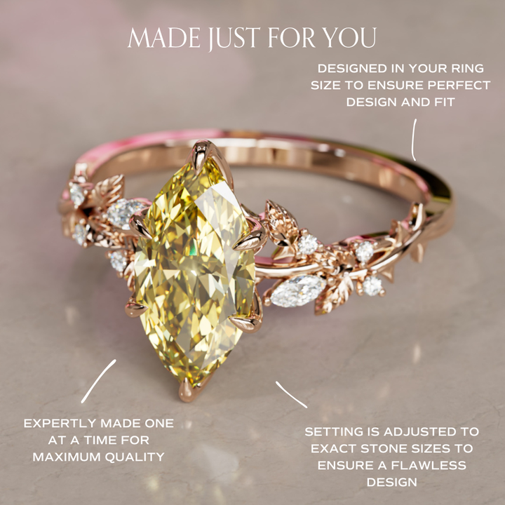 Bague de fiançailles fleur en diamant jaune lab Marquise en bois de rose inspirée par la nature (monture seulement)