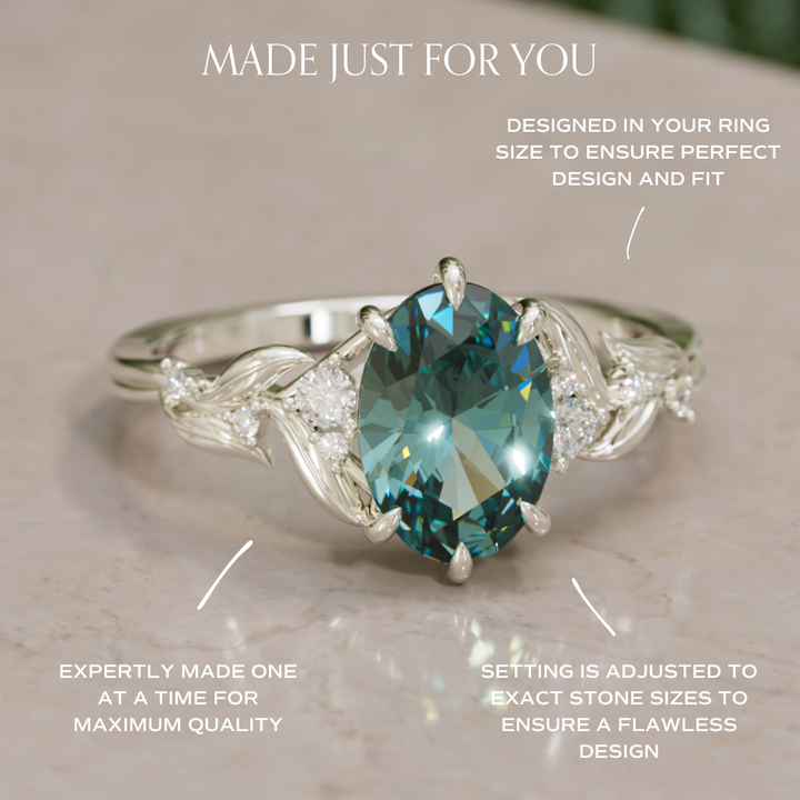 Celria Oval Teal Sapphire Fantasy Engagement Ring Nature Inspired with Leaves (Setting Only) By Valley Rose