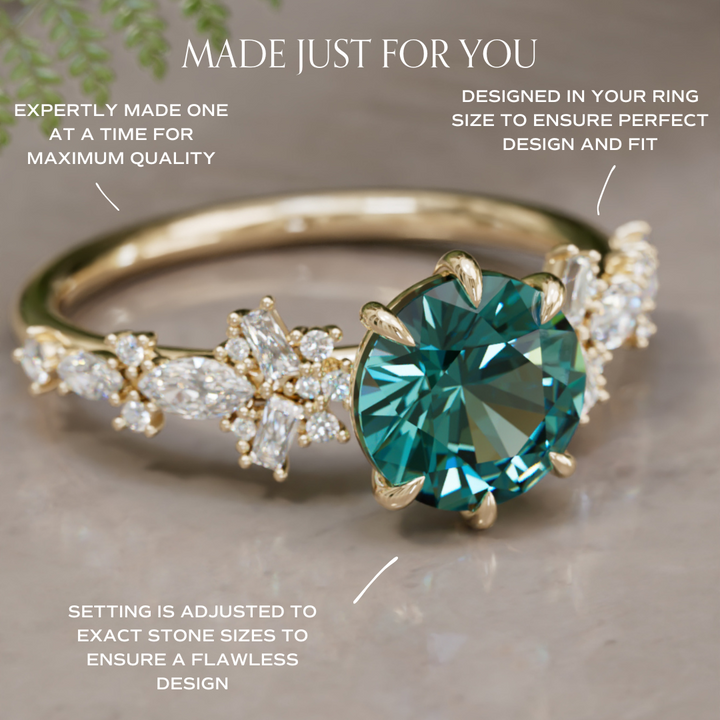 Philomena Round Teal Sapphire Unique Engagement Ring Nature Inspired