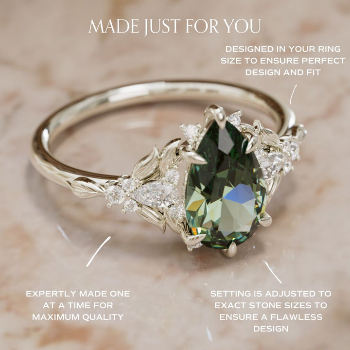 Anillo de compromiso con zafiro verde: Anillo flor de zafiro Siriwen talla pera inspirado en la naturaleza (Solo engaste)