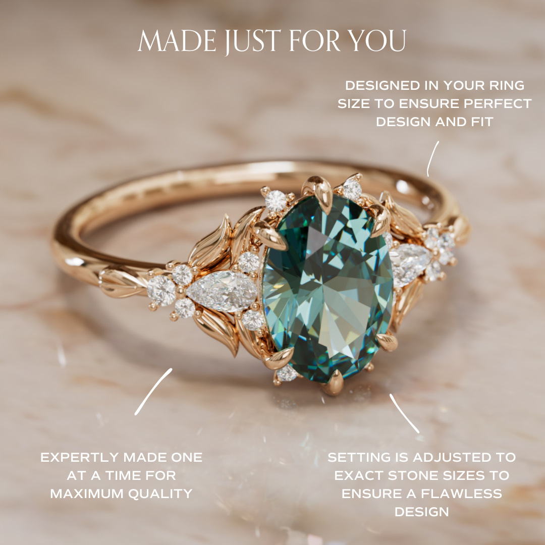 Siriwen Oval Teal Sapphire Fantasy Engagement Ring Nature Inspired with Leaves (Setting Only) By Valley Rose
