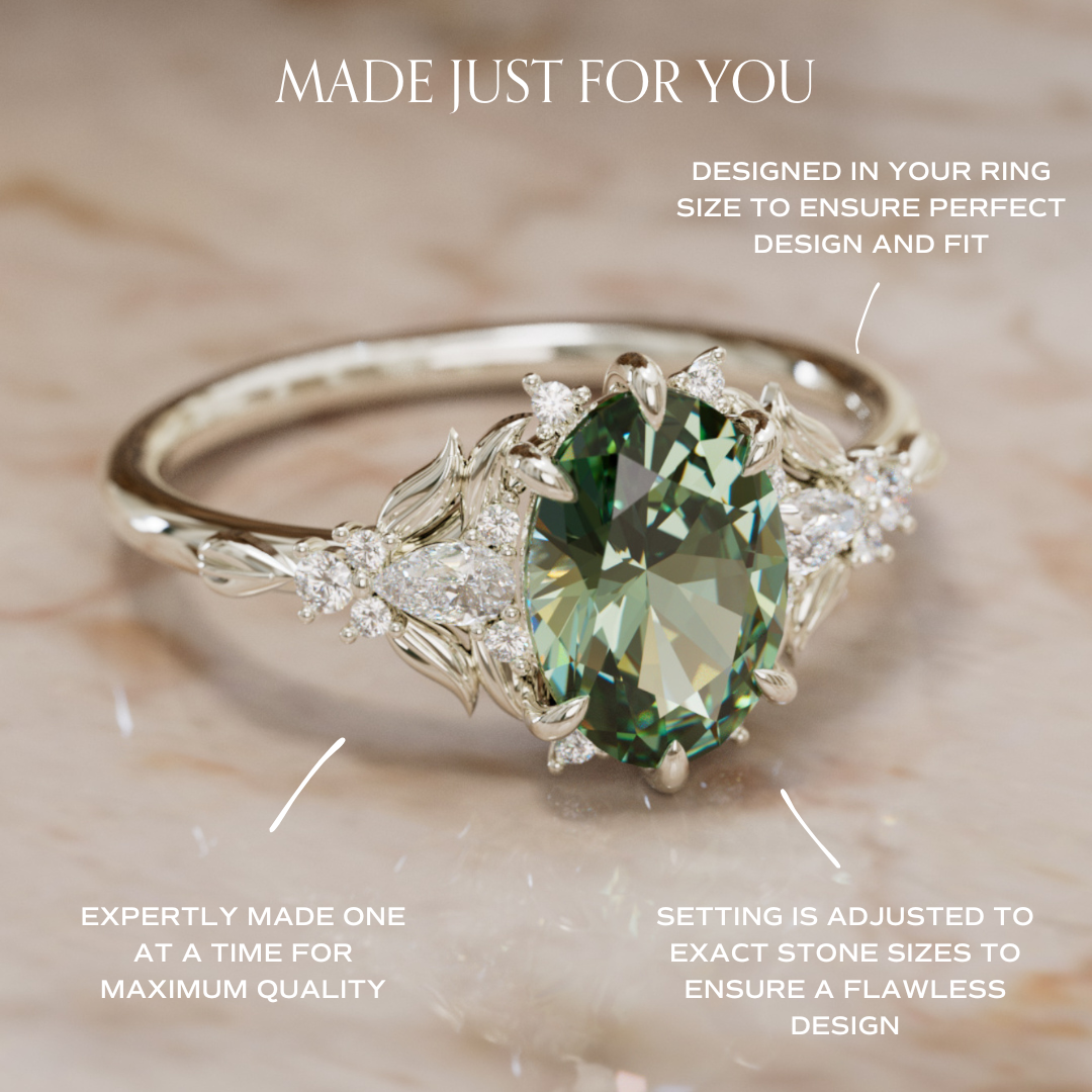 Siriwen Oval Green Sapphire Fantasy Engagement Ring Nature Inspired with Leaves (Setting Only) By Valley Rose