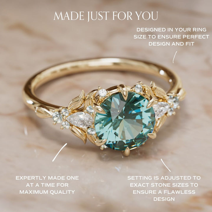 Siriwen Round Teal Sapphire Engagement Flower Ring Nature Inspired (Setting Only) By Valley Rose