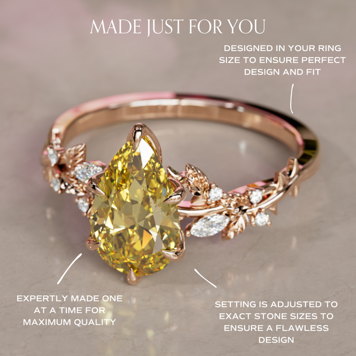 Rosewood Pear Yellow Lab Diamond Engagement Flower Ring Nature Inspired (Setting Only)