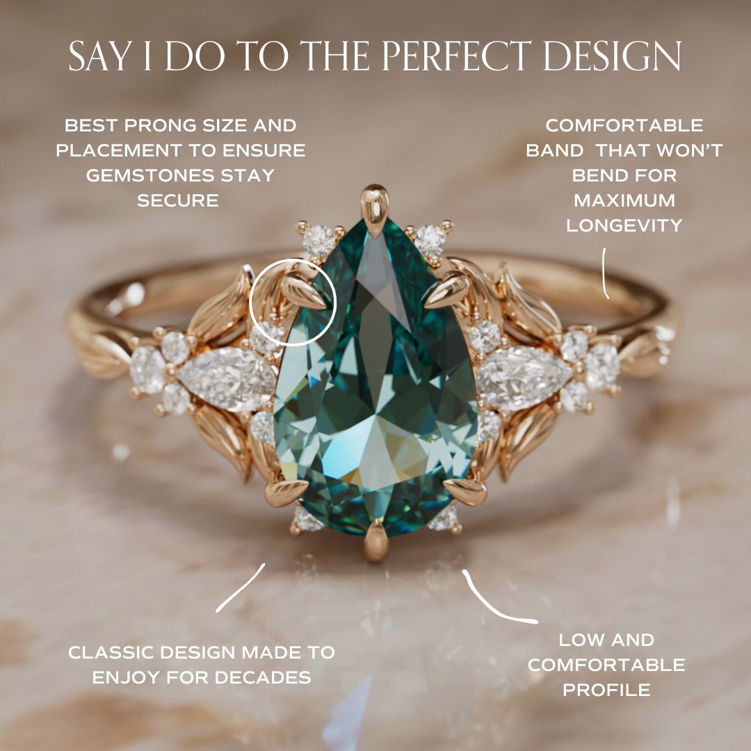 Anillo de compromiso zafiro azul verdoso: Anillo flor Siriwen con zafiro en corte pera inspirado en la naturaleza (Solo engaste)