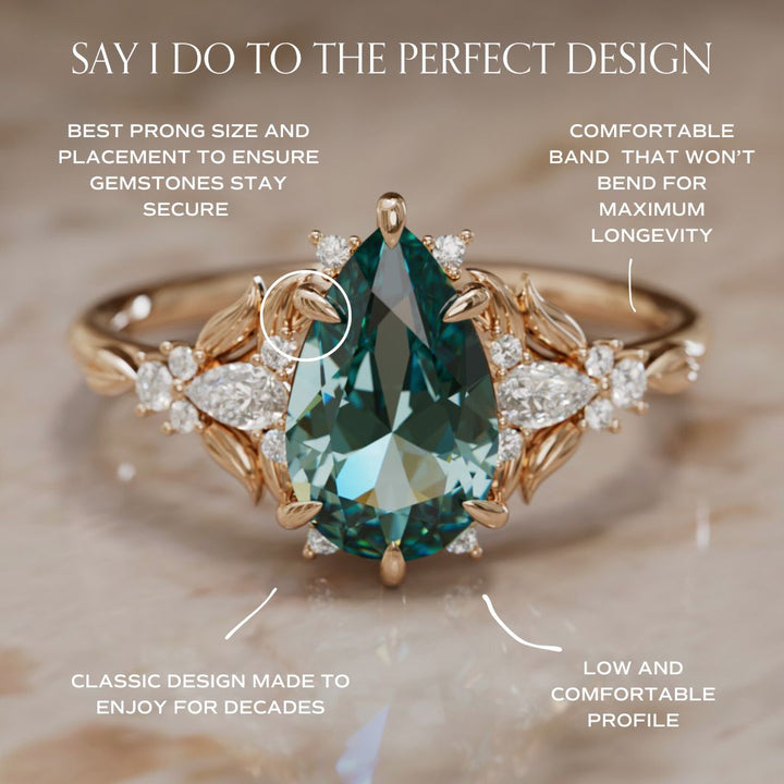 Anillo de compromiso zafiro azul verdoso: Anillo flor Siriwen con zafiro en corte pera inspirado en la naturaleza (Solo engaste)