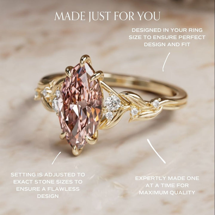 Lab Diamond Engagement Ring: Celria Pink Marquise Cut Flower Ring Nature Inspired