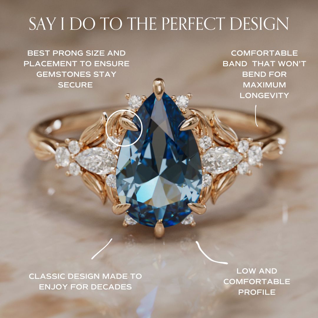 Sininen safiirisormus kihlasormukseksi: Siriwen päärynäleikkaus safiirikukkasormus luonnon inspiroima (vain sormuksen runko)