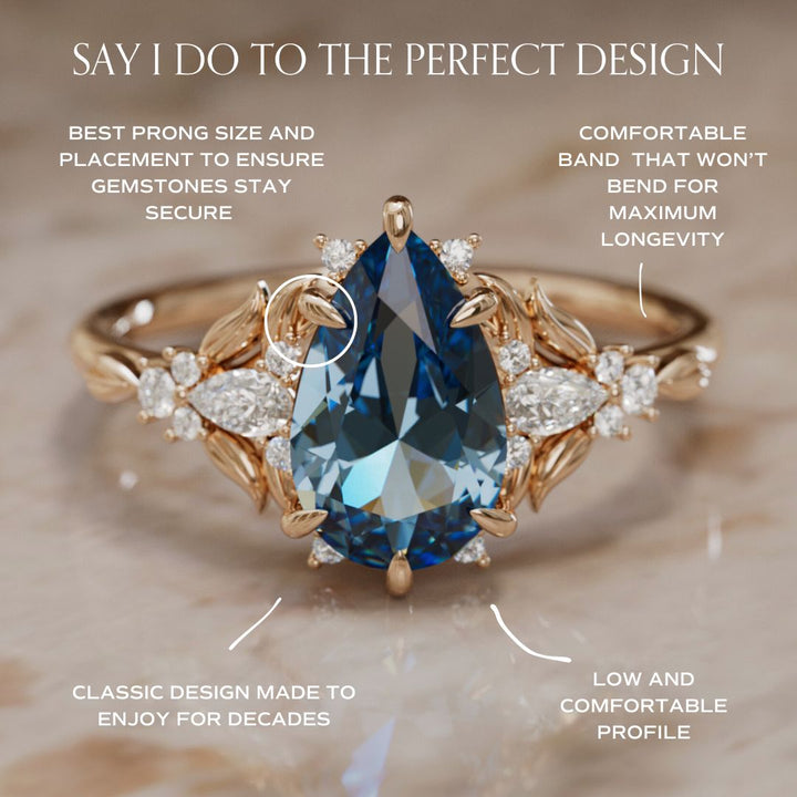 Sininen safiirisormus kihlasormukseksi: Siriwen päärynäleikkaus safiirikukkasormus luonnon inspiroima (vain sormuksen runko)