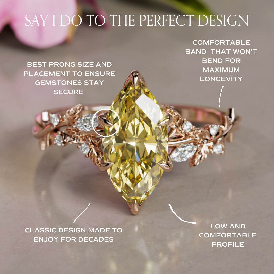 Bague de fiançailles fleur en diamant jaune lab Marquise en bois de rose inspirée par la nature (monture seulement)
