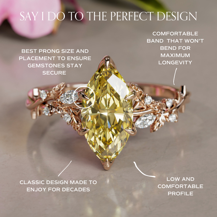 Bague de fiançailles fleur en diamant jaune lab Marquise en bois de rose inspirée par la nature (monture seulement)