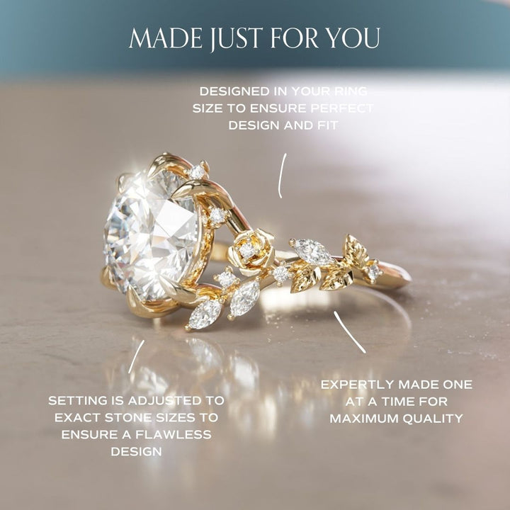 Alderose Round Lab Diamond Engagement Flower Ring Nature Inspired