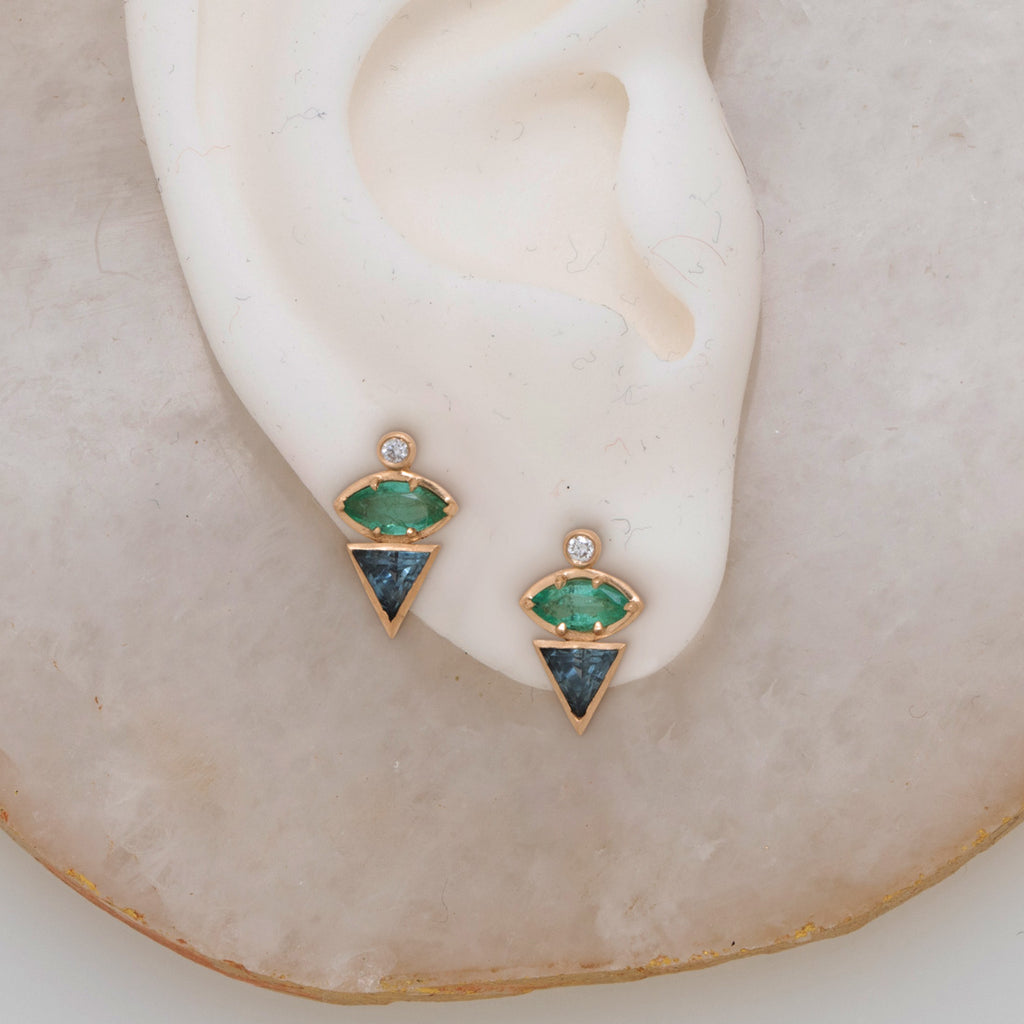 Unique Geometric Emerald Sapphire Gold Stud Earrings