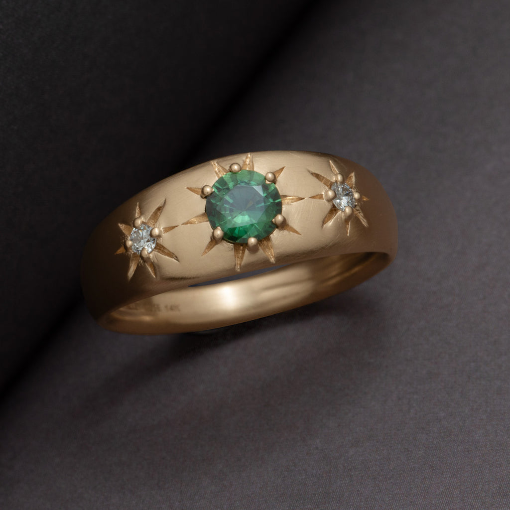 Star Engraved Sapphire Domed Wide Ring in Gold