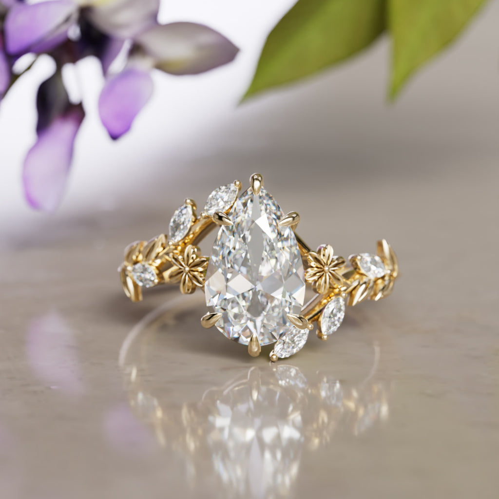 Wisteria Flower Engagment Ring Pear Lab Diamond Nature Inspired (Setting Only)