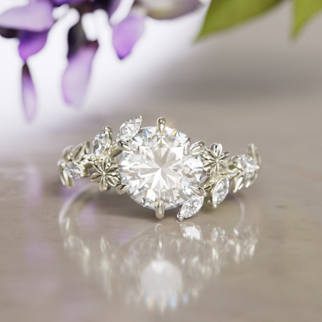 Anell de compromís amb flor de glicínia, diamant de laboratori rodó, inspirat en la natura (només muntura)
