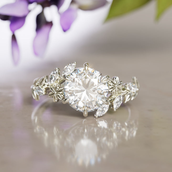 Anell de compromís amb flor de glicínia, diamant de laboratori rodó, inspirat en la natura (només muntura)