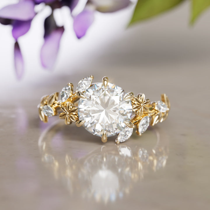 Anell de compromís amb flor de glicínia, diamant de laboratori rodó, inspirat en la natura (només muntura)