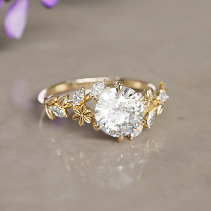 Anell de compromís amb flor de glicínia, diamant de laboratori rodó, inspirat en la natura (només muntura)