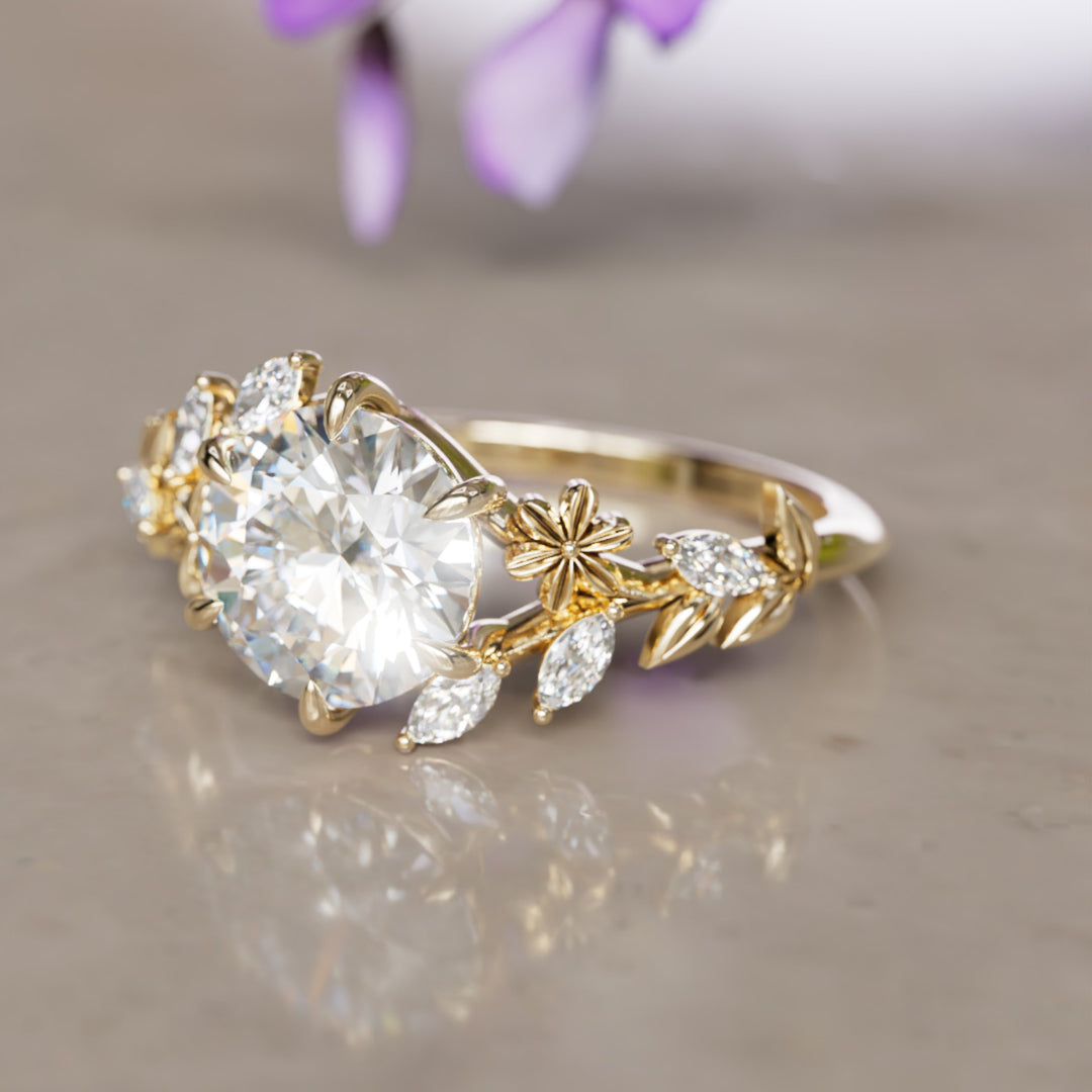 Anell de compromís amb flor de glicínia, diamant de laboratori rodó, inspirat en la natura (només muntura)
