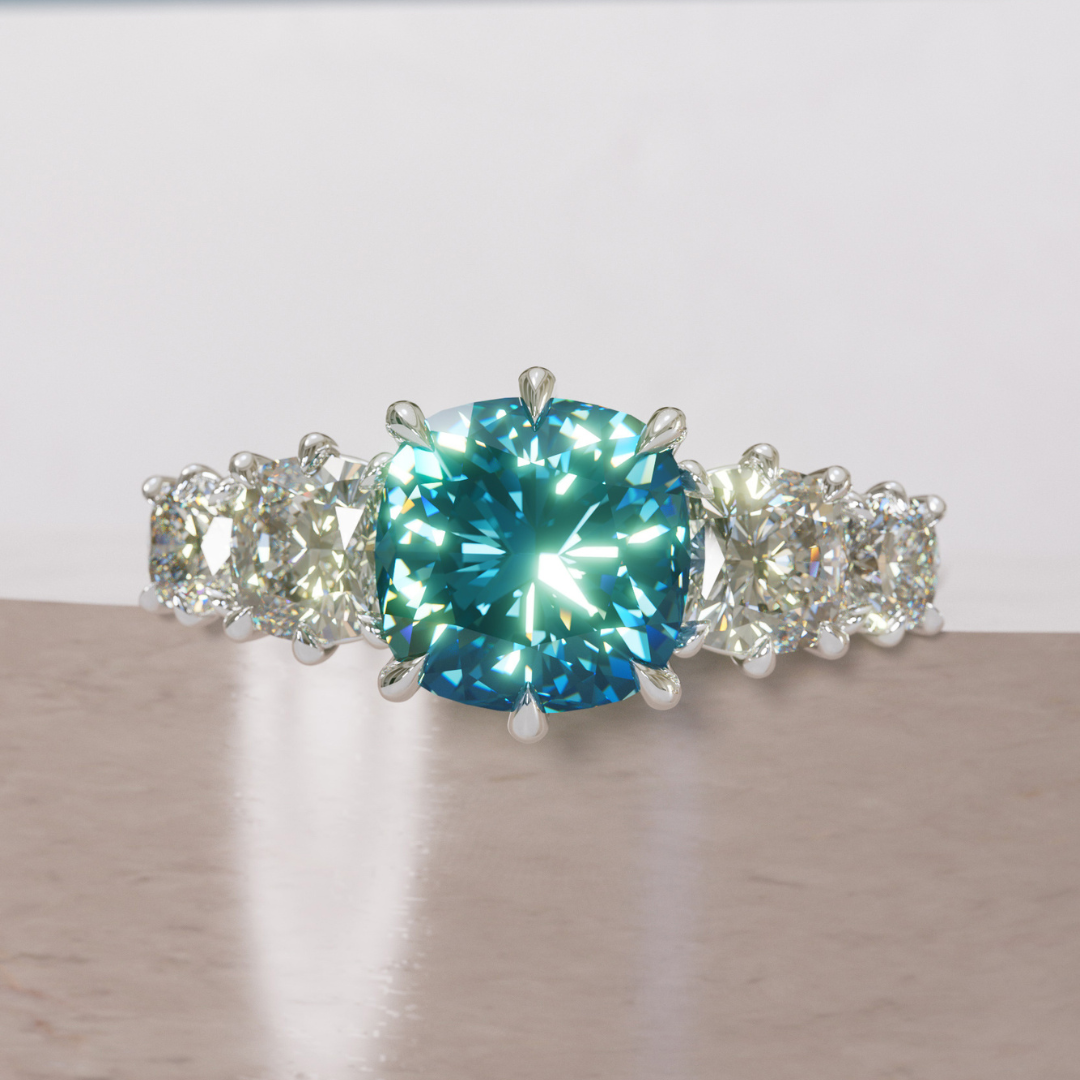 Cushion Cut blue Sapphire and Diamond Engagement Ring, Five Stone Ring By Valley Rose