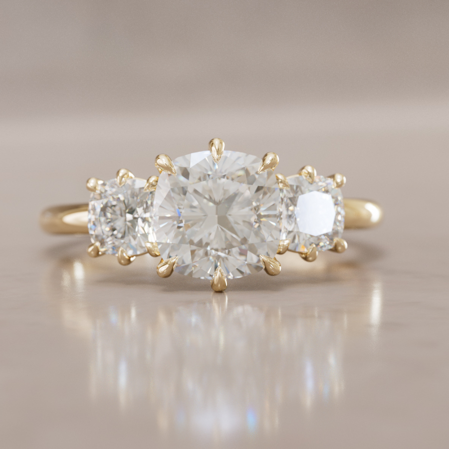 Three Stone Cushion Cut Diamond Unique Engagement Ring By Valley Rose