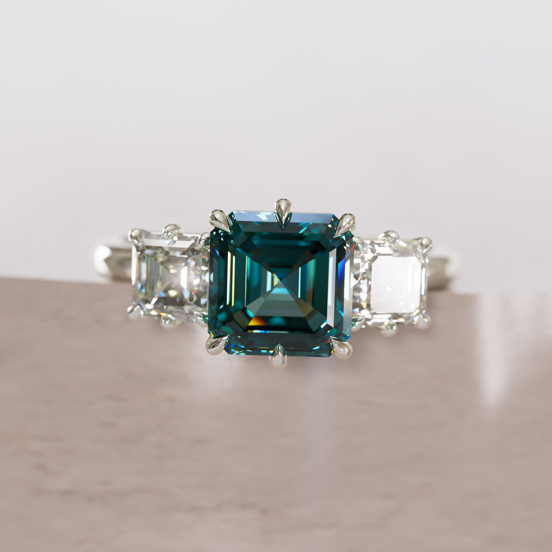 Ari Asscher Cut Teal Sapphire Modern Unique Three Stone Engagement Ring (Setting Only)