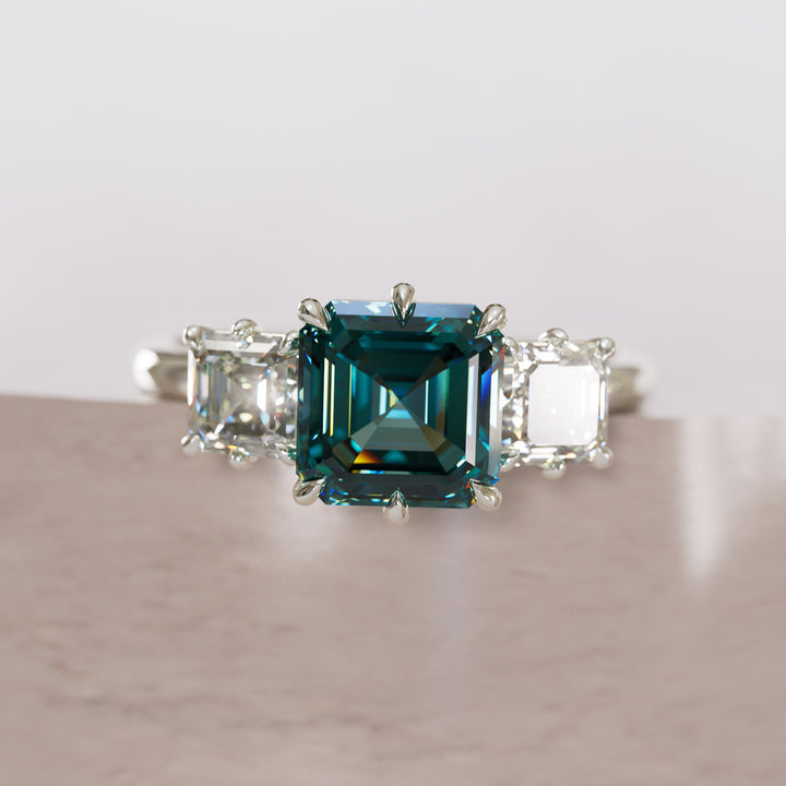 Ari Asscher Cut Teal Sapphire Modern Unique Three Stone Engagement Ring (Setting Only)