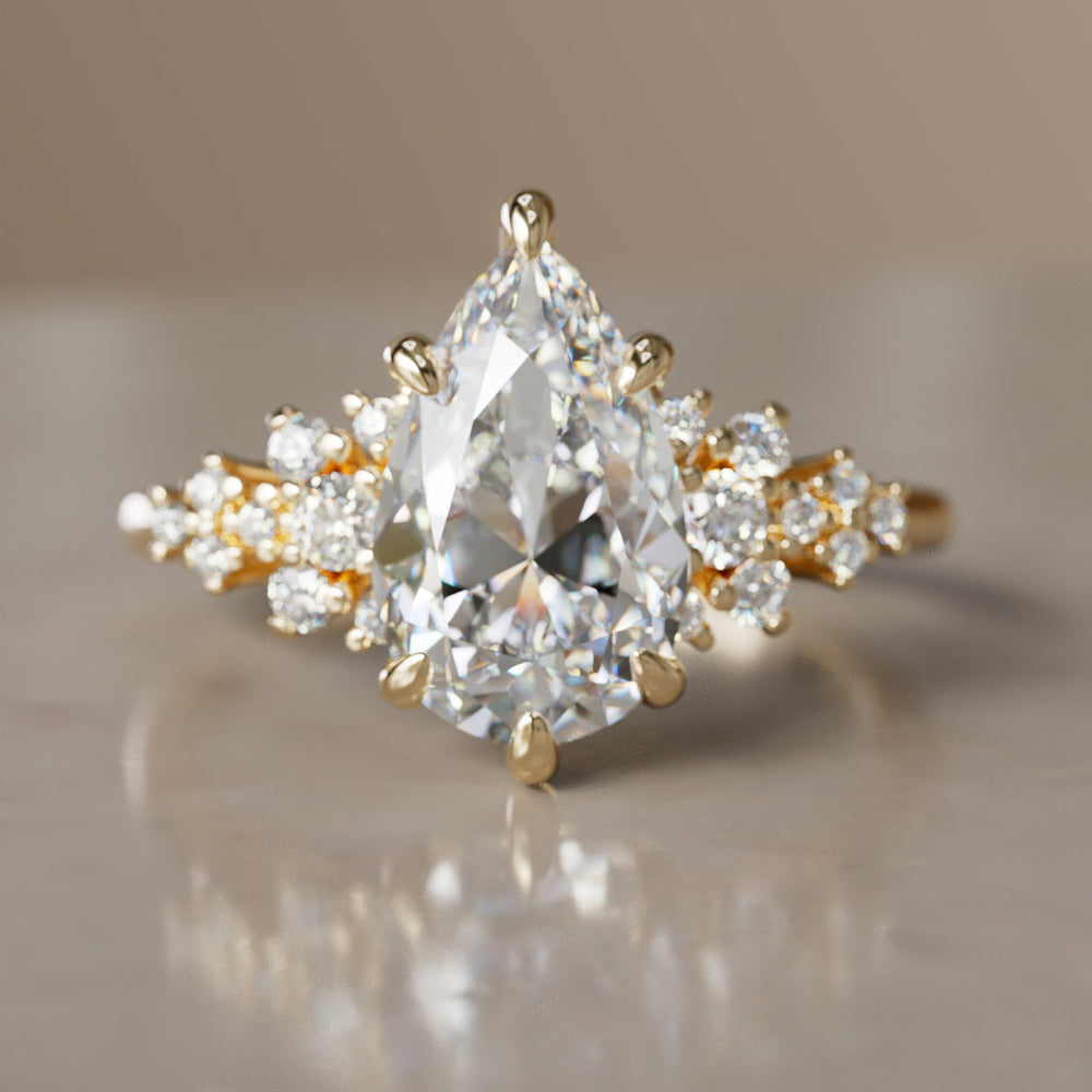 Unique Fantasy Flower Engagement Ring with Pear Cut Diamond By Valley Rose
